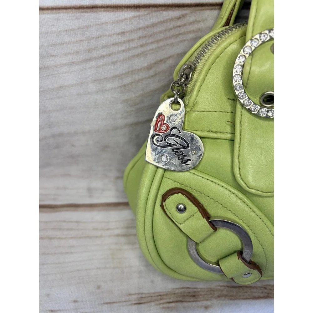 Guess Y2K Lime Green Shoulder Hand Bag Rhinestone Charm McBling Purse Baguette - Picture 3 of 9